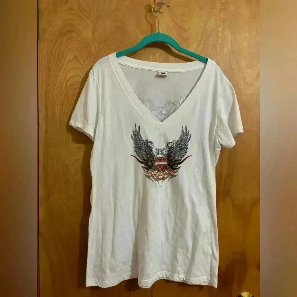 Harley Davidson Short Sleeve V-Neck Wings Sparkle White Size XXL EUC